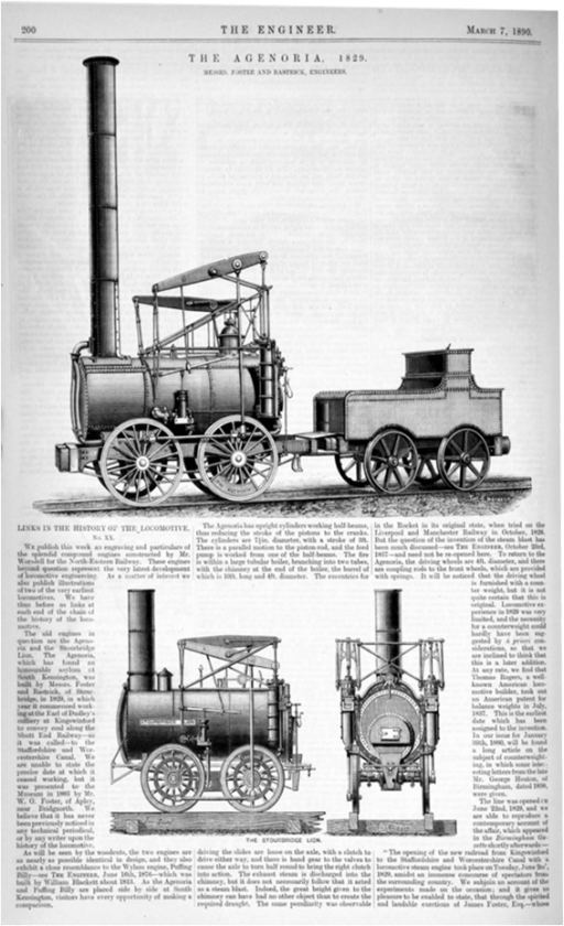 Extracts from The Engineer March 7th 1890. Some technical details of the locomotive and woodcuts of Agenoria and Stourbridge Lion.
Downloaded from Grace's Guide to British Industrial History