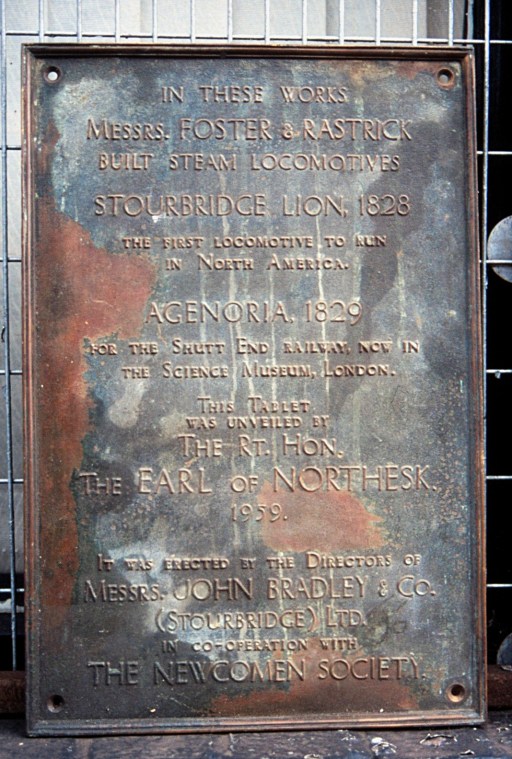 Plaque ccommemorating Agenoria and Stourbridge Lion 1959
A photograph taken in 2005 by Keith Hodghins of a 1959 plaque in the derelict John Bradley Factory, before its renovation, commemorating the Agenoria and Stourbridge Lion
