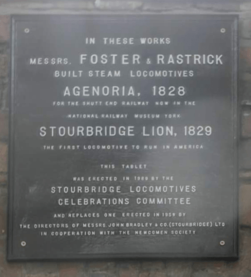 Plaque from 1988 commemorating the Agenoria and the Stourbridge Lion
A photo of a plaque from 1988 commemorating the Agenoria and the Stourbridge Lion, mounted in the John Bradley Foundry. Photo from David Marlow